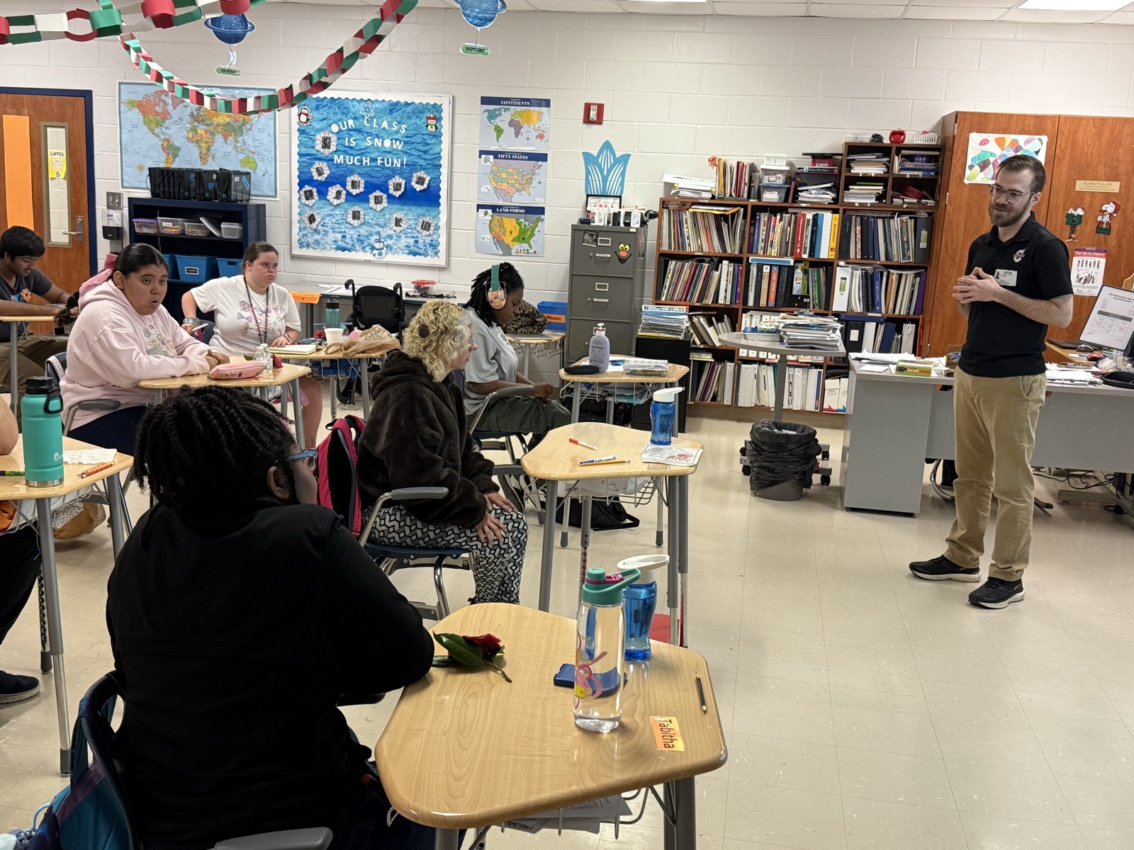An AccessAbility facilitator leading a classroom workshop for students, part of the Vocational Rehabilitation partnership.
