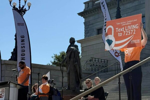 Advocacy Day guest speakers on the steps of the state capital.